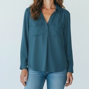 Ann Taylor Deep Teal V-Neck Blouse
